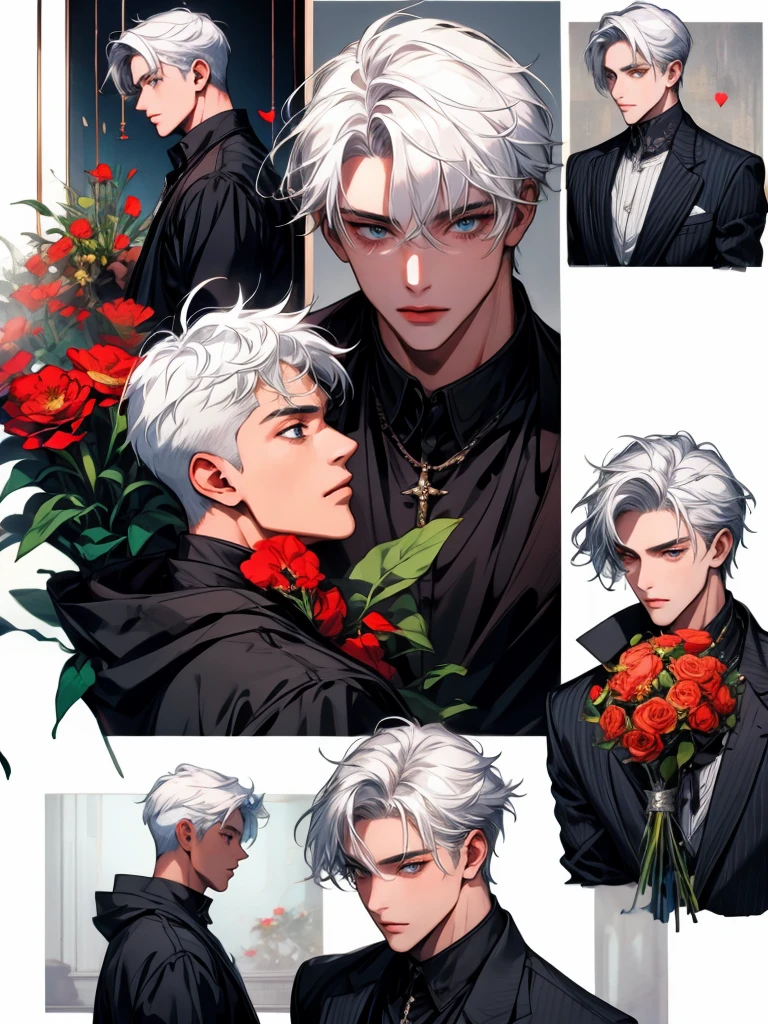 masterpiece, collage of teenage boy holding flowers,  white hair