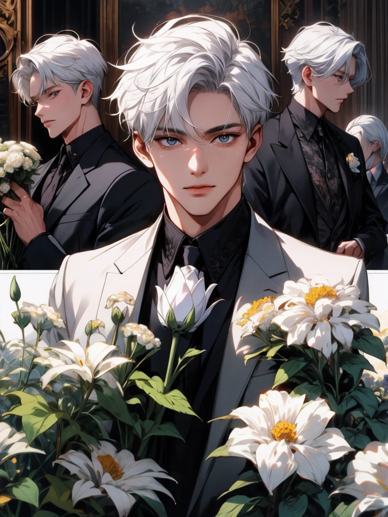 masterpiece, collage of teenage boy holding flowers, white hair
