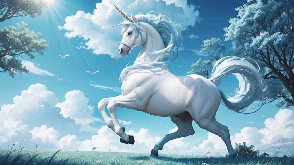 Light blue-white tones，Beautiful scenery without people，a fantastic unicorn，Stepping on the trees of the clouds，best quality，masterpiece，Extremely complex and exquisite details