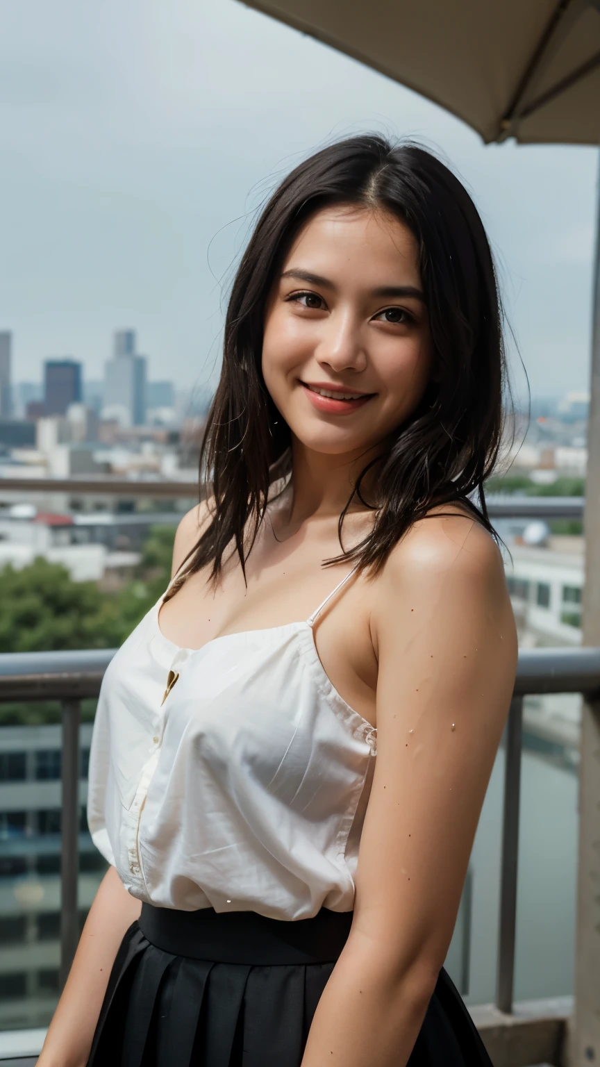 (RAW photos, best quality), (realistic, photorealistic: 1.2), (round face: 1), 1 girl, selfie outdoor, (high detail skin: 1.2), (puffy eyes), (lying silkworm), smile, collarbone, air bang, straight brown black hair, pure black pleated skirt, soft lighting, high quality, cityscape, skyline, night, rain, wet, professional lighting, Photon mapping, radiosity, physically based rendering,