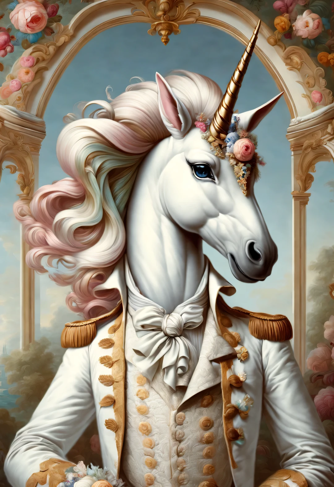 neofuturistic style, (Anthropomorphic unicorns,Dressed in the elegant hairstyle and white clothing of an 18th century French aristocrat),RococoStyle,portrait, Beautiful detailed,