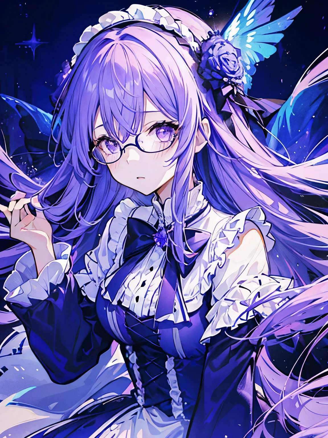 10th generation women、long hair(blue to purple gradation)、purple eyes、Long Sleeve ta Clothing、Lots of frills、headdress、Rimless round glasses、background(universe)