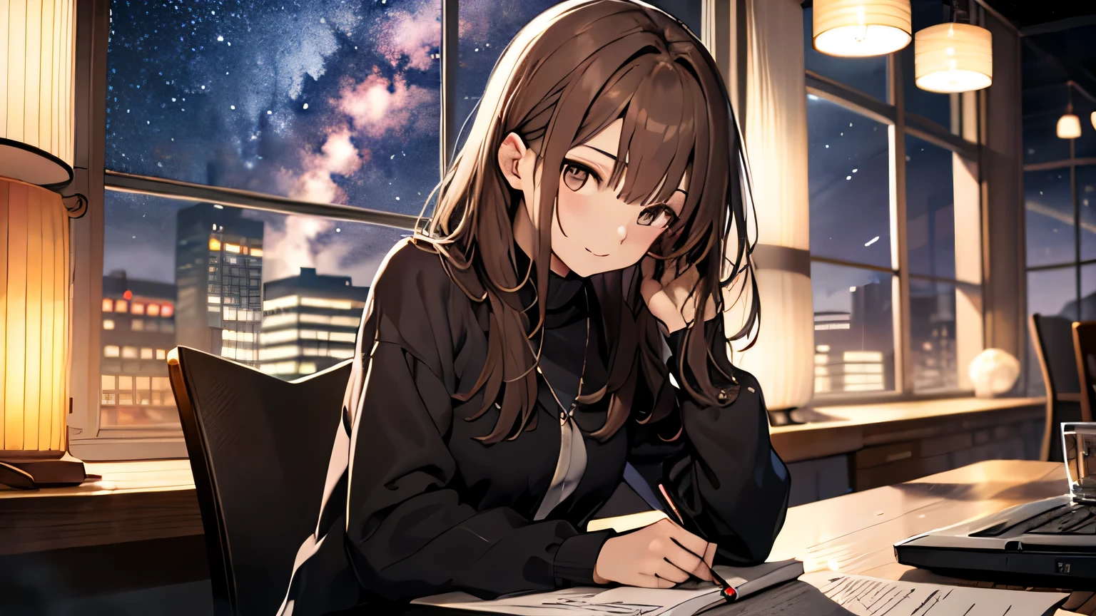 by night study relax on the desk One'Home full shot fantasy brown hair warm light big window close shooting star