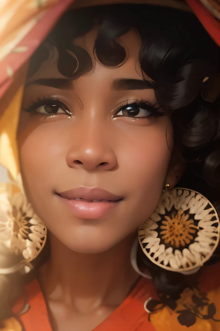 With the best image quality, 35 years old lady, African lady, smiling。In high resolution、Beautiful fine details、tranquil atmosphere。((black Hair curly Hair))、Cute smile、I don't have anything in my hands、realistic hand, African lady, costume with short sleeves。