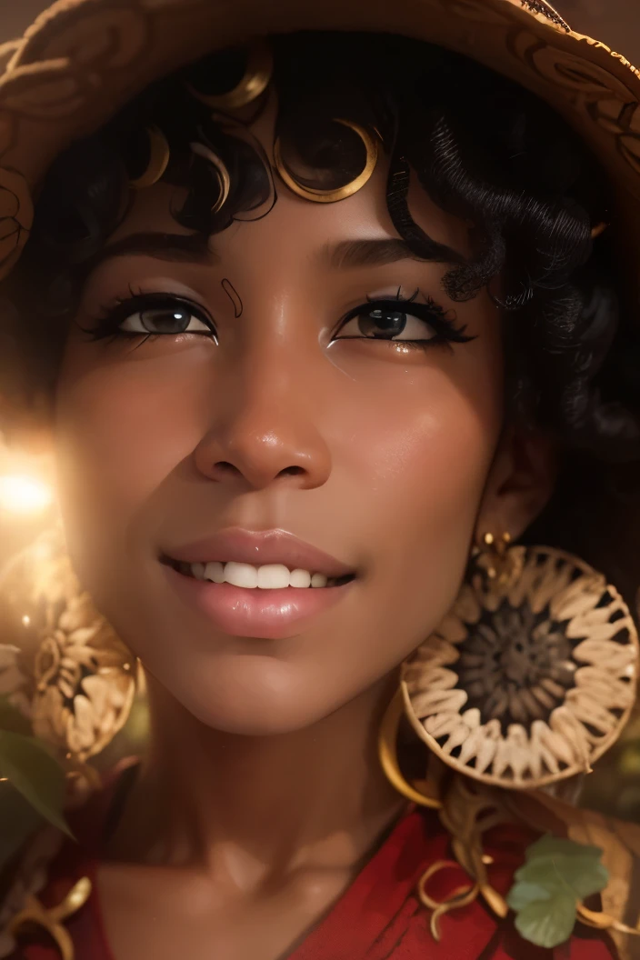 With the best image quality, 35 years old lady, African lady, smiling。In high resolution、Beautiful fine details、tranquil atmosphere。((black Hair  curly Hair))、Cute smile、I don't have anything in my hands、realistic hand, African lady, costume with short sleeves。