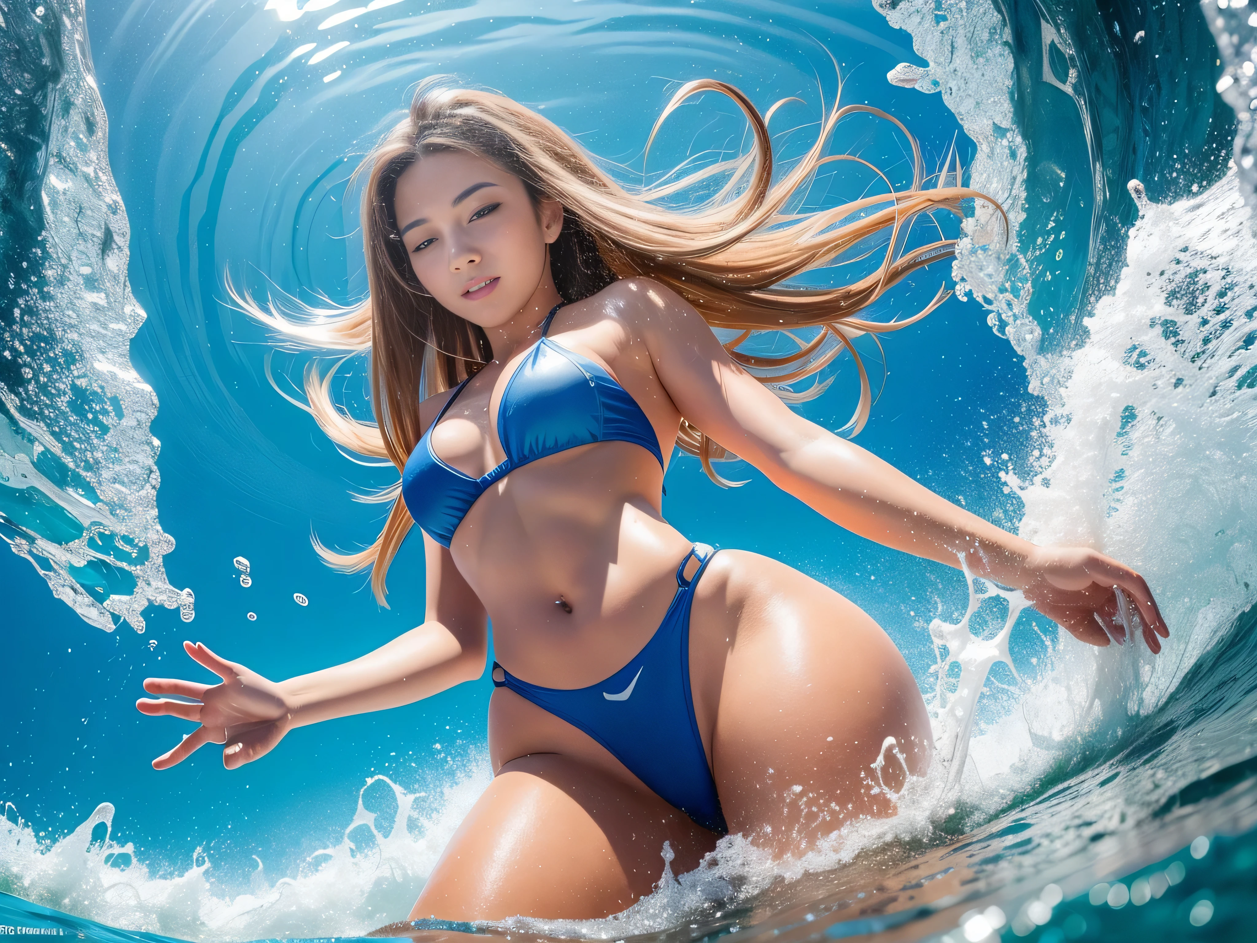 ((RAW image quality:1.4)), (camel toe:1.2), (最high quality), high quality, ((masterpiece)), High resolution, 8K, very detailed, High dive, 1 girl, Japanese, 22 years ago, smile, long hair, (Medium bust), Yellow tiny bikini, strong sunlight, The best blue sky, Large white entrance cloud, Beautiful blue sea, ((The moment of diving into the sea)), Capture with high-speed shots, Fine splashes, Fine flowing bubbles, biologically correct, shot from below,