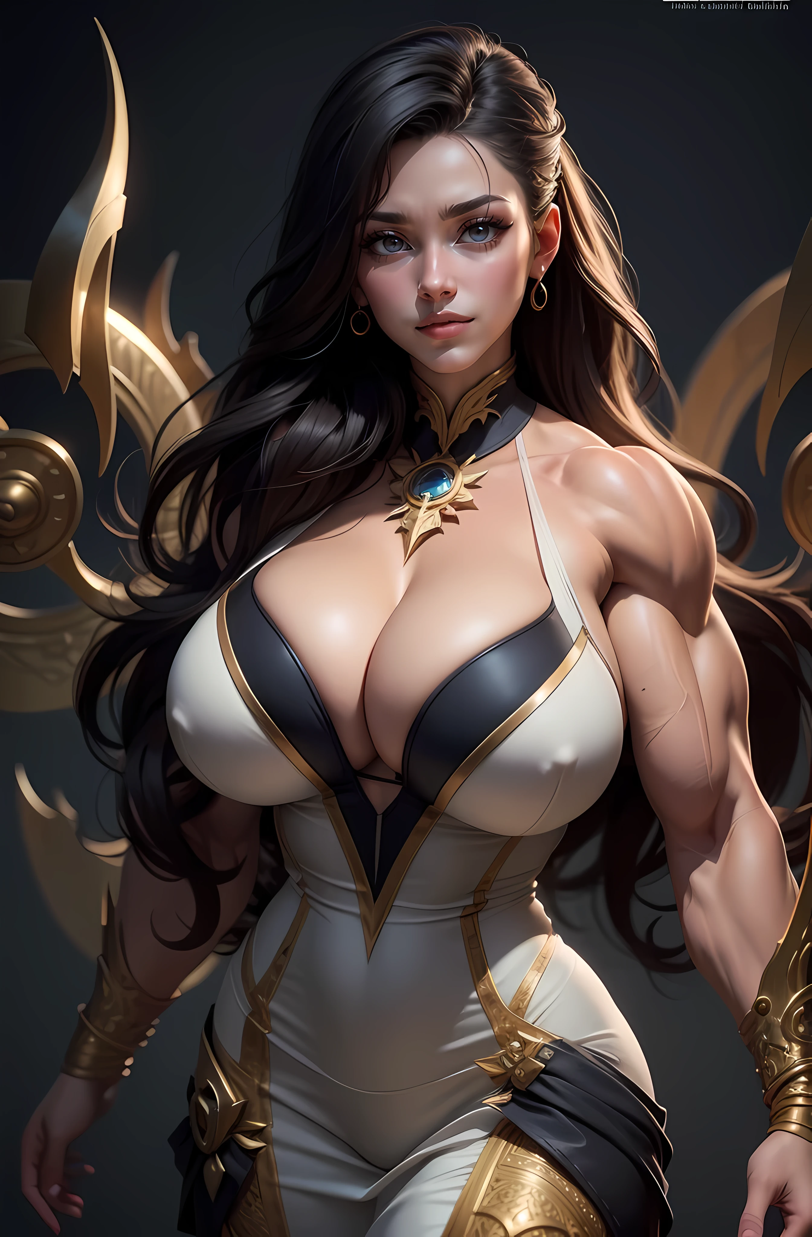 ((Masterpiece)), ((Best Quality)), ((Solo)), ((alone)), ((1girl)), bouncing her  up and down, ((NSFW)), (((accurate anatomy))), (((Huge breasts))), ((long legs)), ((wide hips)), ((((Muscular Legs)))), (((Massive Female Bodybuilder))), (((((Huge Muscles))))),  full cleavage, heavy eye liner, ultra realistic, concept art, intricate details, eerie, highly detailed, photorealistic, octane render, 8k, unreal engine. art by Artgerm and Greg Rutkowski and Alphonse Mucha, silk dress