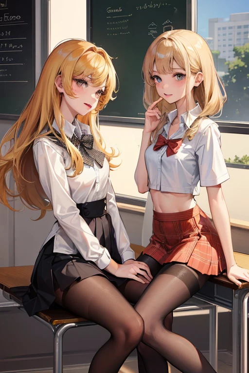 two girls, Sexy teens, blonde ginger, , female student, classroom, plaid kit, pantyhose, touch, skinny, small waist, cropped crocodile print top, short skirt,