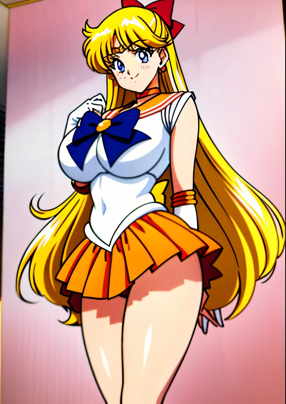 Top Quality Anime Art、masterpiece、high definition anime art、アニメstyle4K、High resolution、aino minako、Sailor Senshi Uniform、Anime Aunt、mature woman、mature woman、annual increase、Woman in her 40s、MILF、orange choker、Golden Choker、elbow bag、sailor venus、very long blonde woman、Orange skirt、Golden skirt、 white gloves、Orange sailor collar、Golden sailor collar、solo、woman with very large breasts、big breasts、red_head_bow、white leotard、High leg、High legレオタード、white dress、purple bowtie、Magical girl、earrings、smile、traditional_media、jewelry、circlet、Blue-eyed woman、looking_at_viewer、shiny、Half Up Hair、mature、rating:questionable、mouth closed、mini skirt、pleated skirt、wide hips、cowboy shot、bangs、shiny skin、purple backdrop、a woman is standing、Eyebrow、long legs、shiny hair、thighs、legs、rating:safe、Orange High Heels、golden high heels、bare legs、Bare shoulders、Ecchi anime style、Feeling naughty、Seductive Anime Lady、Ecchi style、1990s\(style\):0.9