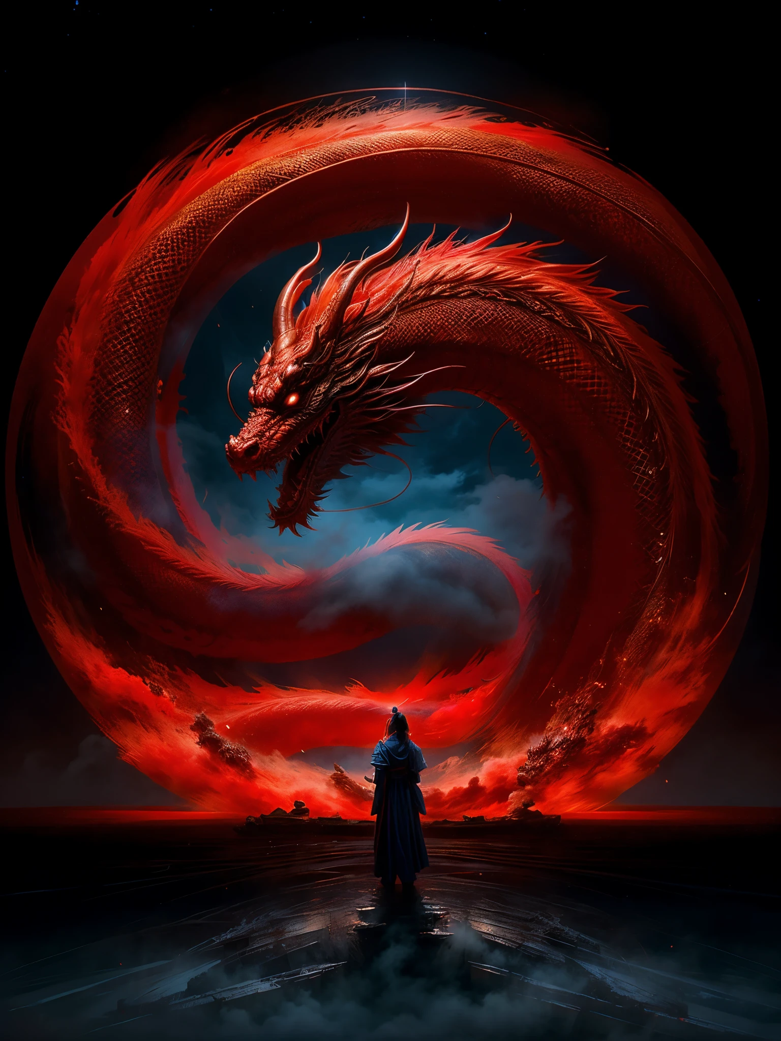 Chinese style, high red wall, circular portal in the void, Chinese mythology, a long blue/red Chinese dragon, auspicious omen, hovering, majestic, mysterious, auspicious clouds, glowing effect, mist shrouded, Thick clouds, architecture, mid shot, full body portrait, highly detailed surreal visuals, OC presentation, tiny summoner