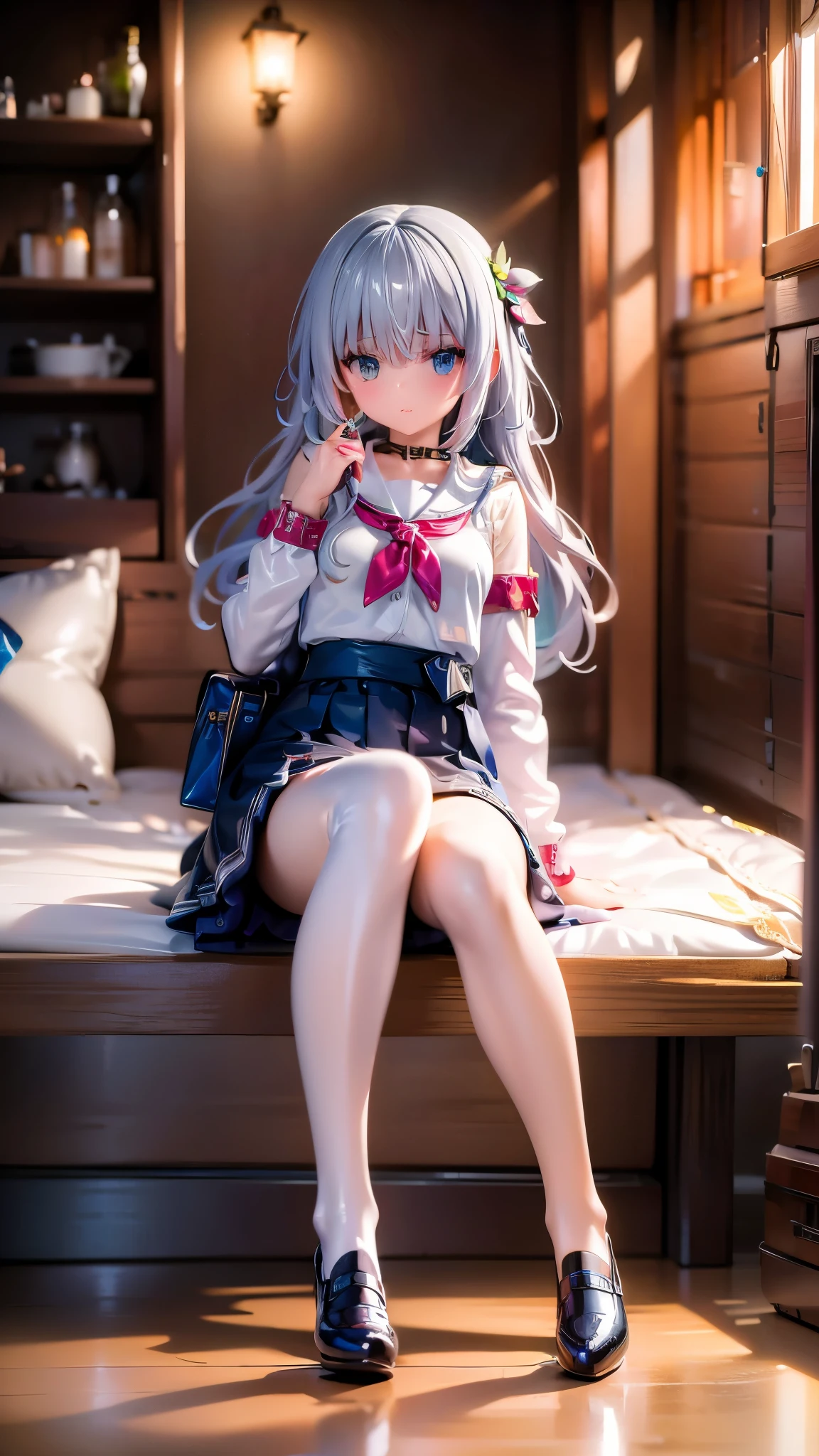 (best quality:1.2) (4k:1.) (highres:1.1) , (ultra detailed CG:1.1) ,
1girl elf , solo , (detailed face:1) , (silver wavy hair:1) , (small breasts:1) , holding heart chocolate , reaching , presenting heart package , (valentinesdaystyle:1) , (heart:1) , school uniform , sailor collar , long sleeves , scarf , (getabako:1) , (scenery:1) , (locker:1) , (school:1) , (tile floor:1) , (glass door:1) , embarrassed , upper body , 