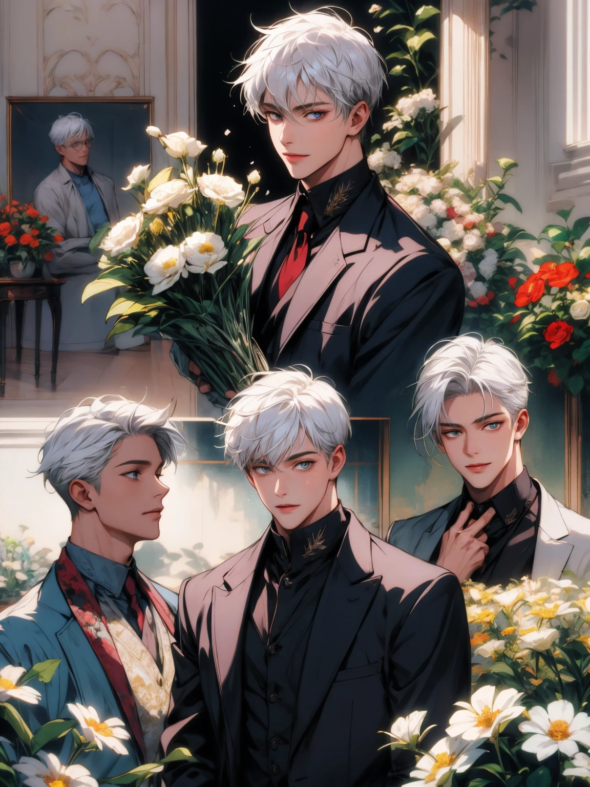 masterpiece, collage of age boy holding flowers, white hair, happy