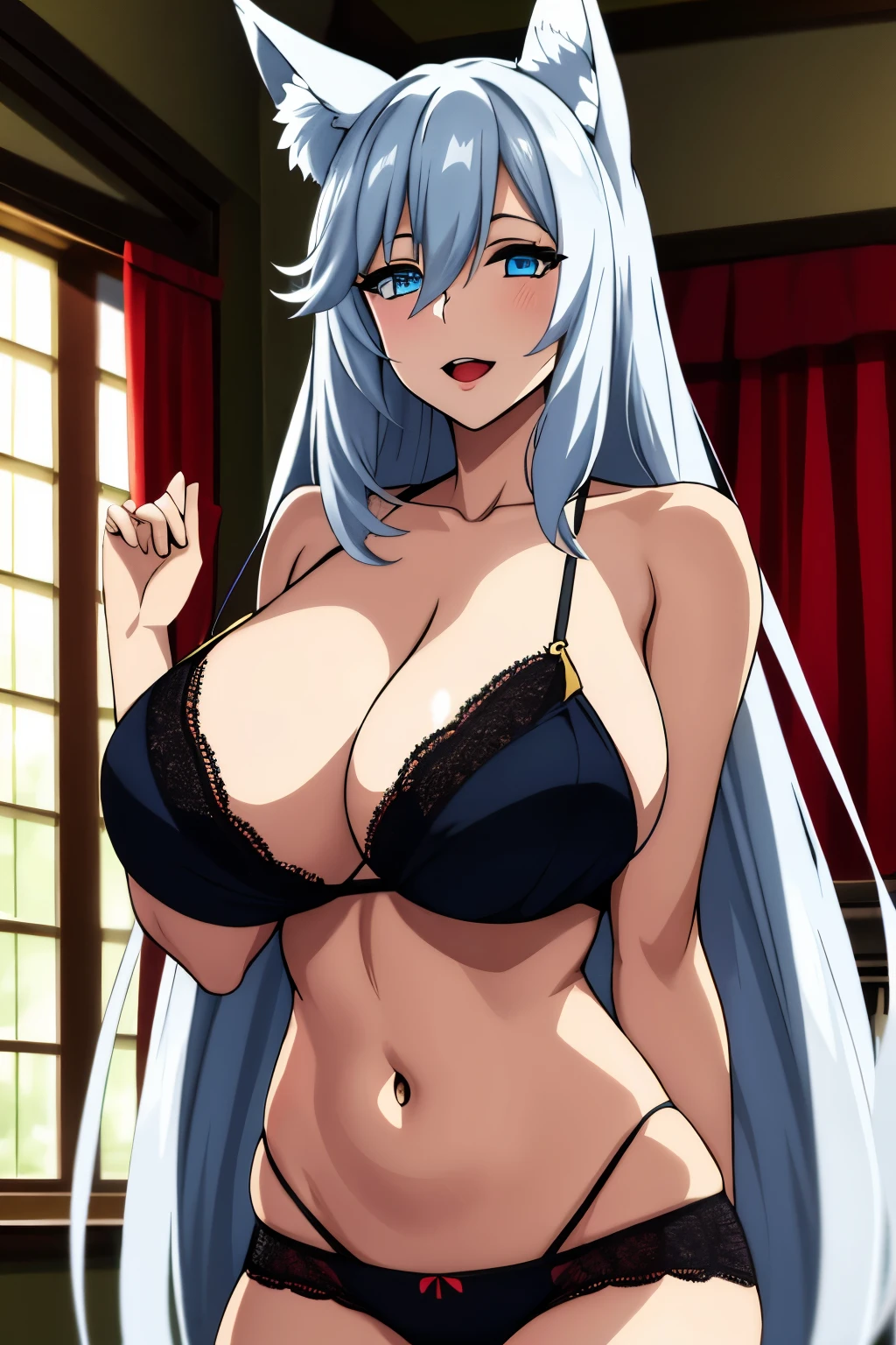 Huge tits, black bra, panties, Busty, best quality, (masterpiece:1.2), highly detailed, street,
1girl, looking at viewer, slight smile, open mouth, blue eyes, long hair, indoor, room, bedroom, wardrobe, silver hair, fox ears, fox tails
