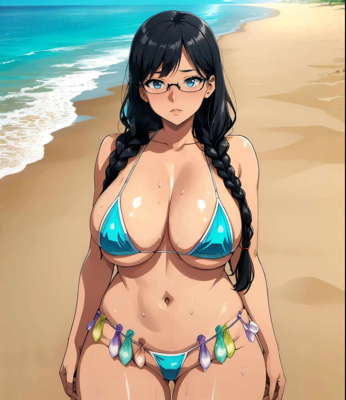 (Ocean、beach)、Super detailed illustrations、Super precise expression、masterpiece、highest quality、ultra high resolution、high resolution、(big breasts、Sweat、body fluid)、shiny skin、(black hair、long hair、Braid、glasses)、bikini、Standing picture、Condom belt,
belt