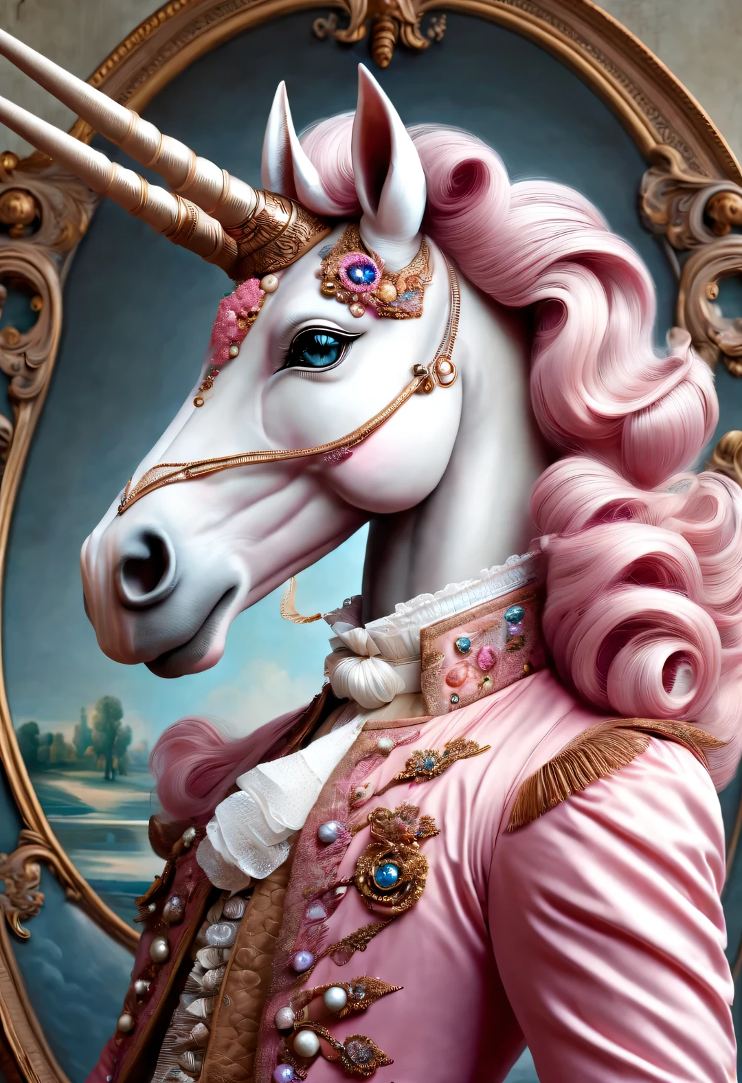 neofuturistic style, (Anthropomorphic unicorns,With the elegant hairstyle and pink clothing of an 18th century French aristocrat),portrait, Beautiful detailed,