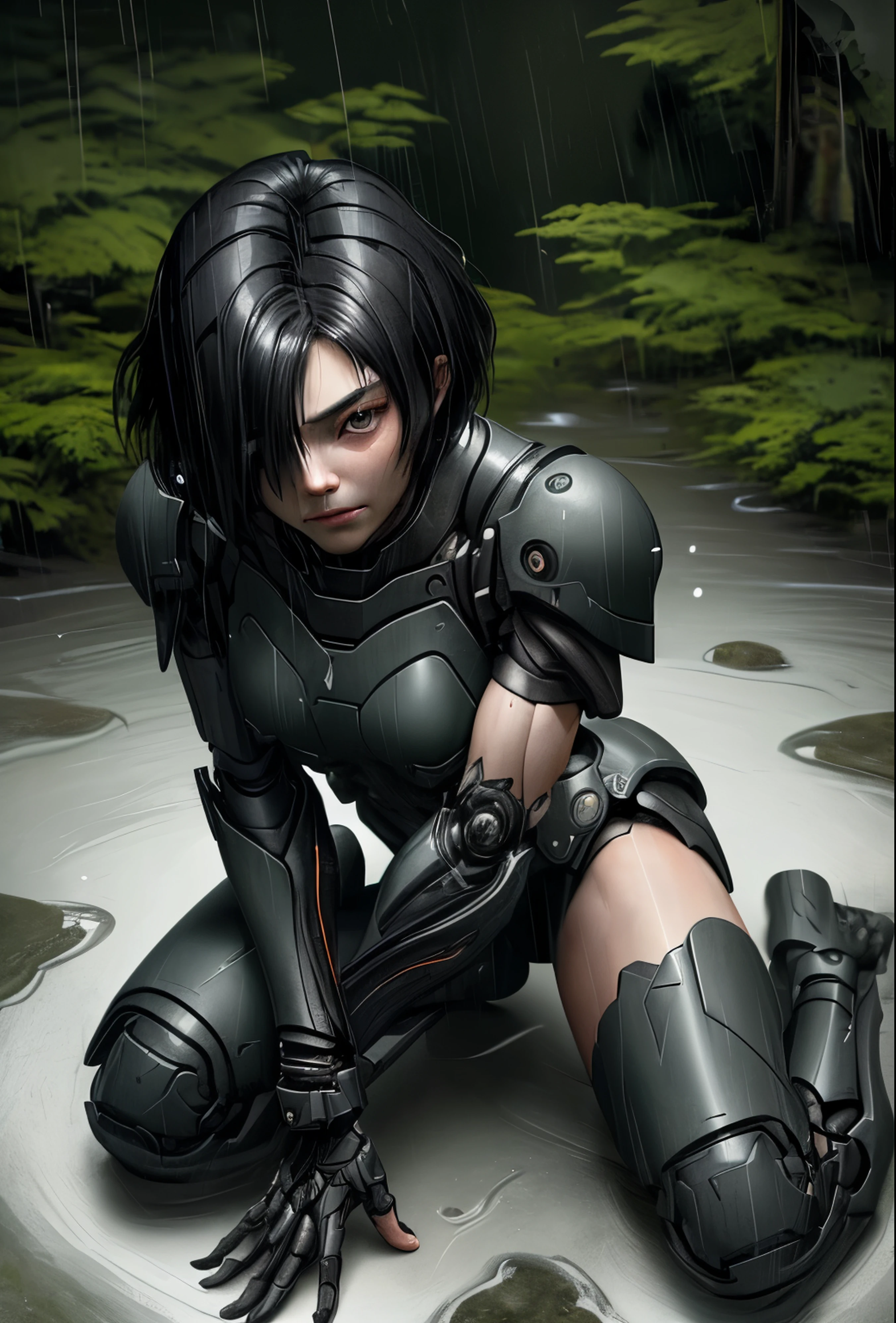 lady, hair above one eye, mercenaries, (((Loss of left arm))), rainy forest, kneeling pose, black hair, short hair, From above, realism, UHD, anatomically correct
