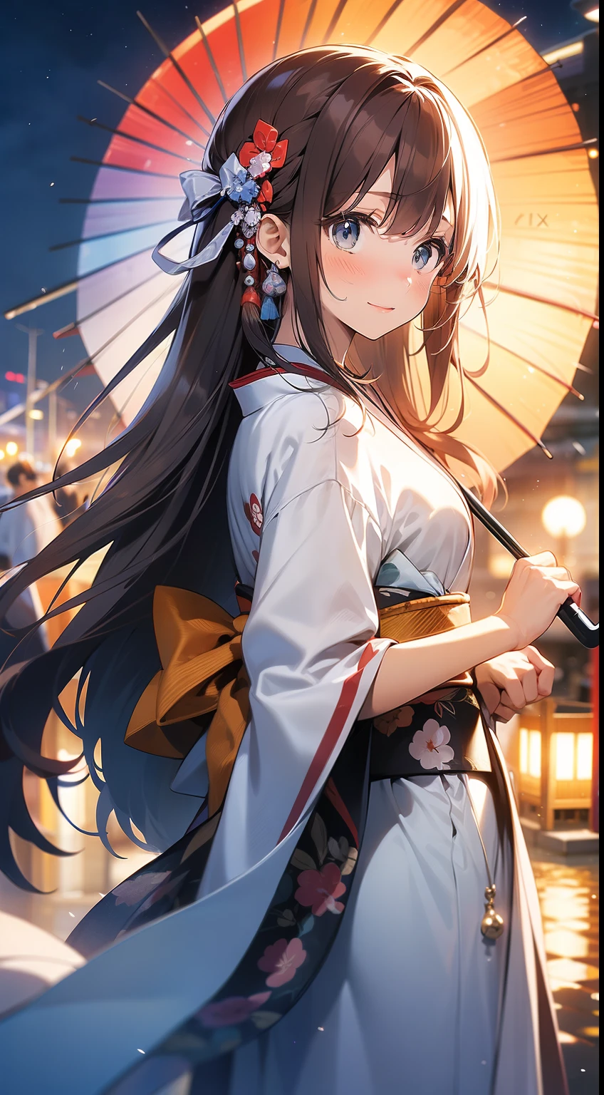 ((masterpiece, best quality, high resolution, ultra high definition, Pixel perfect, depth of field, 4K, RTX, human development report)))See the whole body,Long hair to waist,reddish brown hair,Short Liuhai,blue eyes, blush:1.2, Japanese anime style,Low-cut kimono,bare shoulders,exposing her chest,Smile,Snowy nights,Hold an umbrella and admire the moon