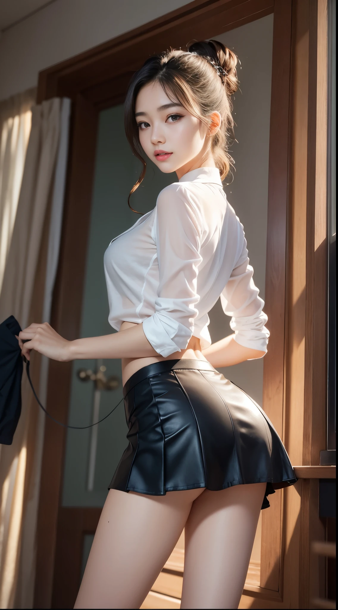 (masterpiece:1.2),(photorealistic:1.2),(超detailed:1.2),(surreal:1.2)(,8K:1.2),(Highest image quality:1.2),Thin shirt,((see-through shirt)),looking at the viewer,accurately drawn fingers,anatomically accurate body,((bra is transparent)),amazingly short tight skirt,最高qualityのdetailed:1.2,realistic, 8K UHD, High resolution, 1 girl:1.2, The 超detailedな, 高qualityのテクスチャ, intricate details, detailed, Very detailed CG, 高qualityの影, Beautiful and delicate face in every detail, Beautiful and delicate eyes in every detail, Depth of bounds written, ray tracing, cute kpop girl, Korean Ulsan Face:1.1, narrow side, The subject is close、Ulchan-6500-v1.1:0.6, Pueros face_v1, glow eye, cheek, glossy lips, perfect body,very cute face,YShirt with dark blue mini pleated skirt,Underwear under clothes,white panties)、fascination pose、spread your legs wide、((The wind flips up her skirt、Exposing her panties.:1.2,)),sharp focus:1.2,cute woman with perfect figure:1.4,best smile,camel toe,Photoreal:1.4,超detailedな, realistic写真, Full color RAW photo, fujifilm(Medium format:1.2), hasselblad:1.2, carl zeiss:1.1, Incredible dynamic range photography(utility_Art by Smooth-768:1.1), High resolution, High pixel count, 明確なdetailed, clear image, natural color reproduction, noise reduction, high fidelity, quality, Software improvements, upscaling, Optimized algorithm, professional level retouching