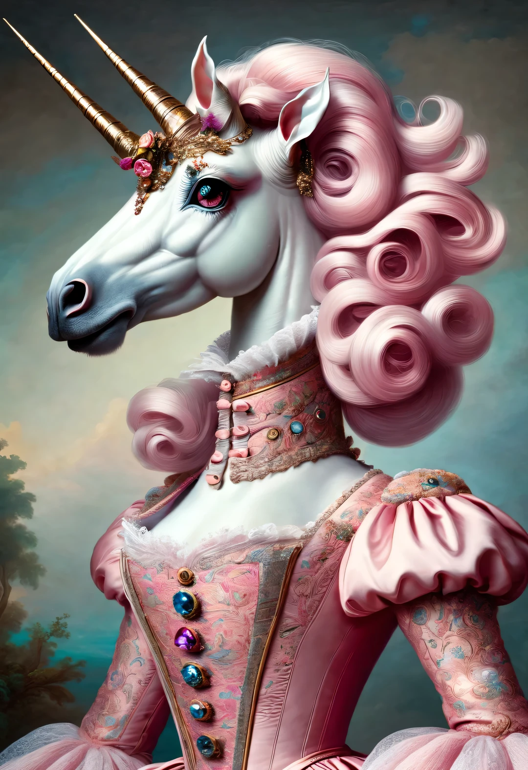 neofuturistic style, (Anthropomorphic unicorns,With the elegant hairstyle and pink clothing of an 18th century French aristocrat),portrait, Beautiful detailed,