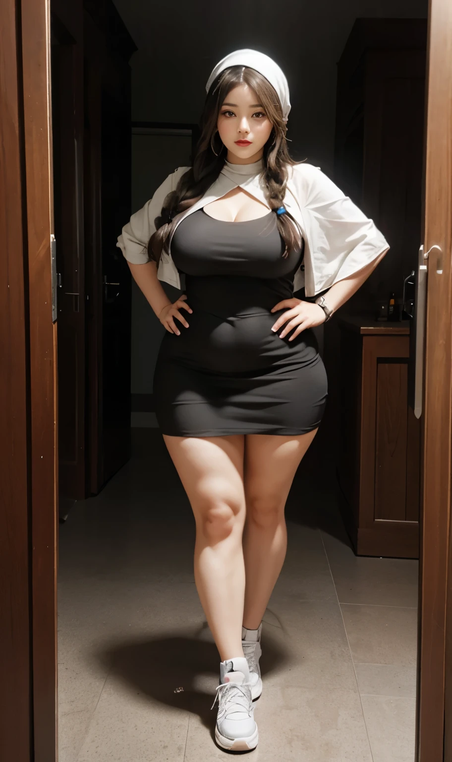 Chubby woman with fat belly and tight thighs, full body, 50-year-old mature woman, thick hips, thick neck, thick chest, big eyes, seductive , wearing muslimah dress and sneakers