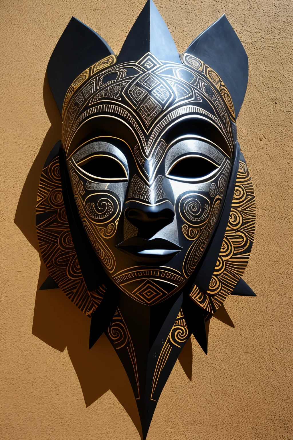 Create an intricately detailed African mask sculpture, embodying the spirits of Memories, Bodies, and Representations. Based on the traditional Makonde tattoo art, this piece showcases a rich cultural heritage.

Bold lines, symbolic patterns, and expressive forms come to life as the mask's surface is covered in vivid tattoos, reflecting the deep connection between the mask and the stories it holds. Each line and shape is thoughtfully crafted, evoking a sense of history and spirit.

The mask's features are accentuated by the play of light and shadow, creating a striking contrast between the areas inked with bold lines and the unpainted areas, which remain a deep,