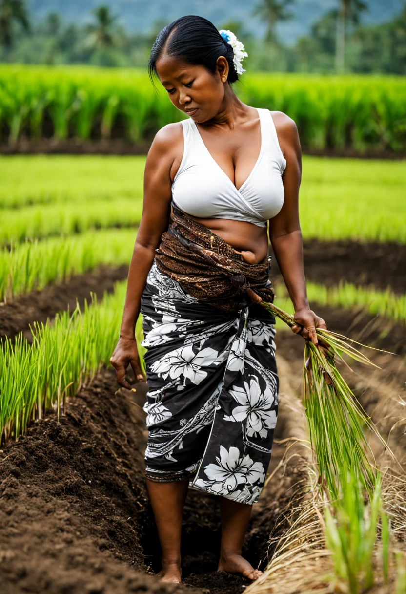 Nude, naked, vagina, nipples, An Indonesian Java Island village 50 yo beautiful seductive woman is diligently planting rice plants in the soil, bending over at a 90-degree angle at the waist with her back straight. She is wearing Java batik sarong wrapped knotted at hip and white tank-top. She is full figured curvaceous voluptuous big breasts toned abs.
