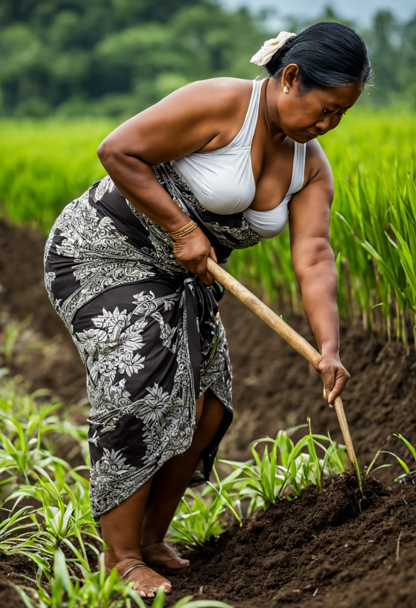 An Indonesian Java Island village 50 yo woman is diligently planting rice plants in the soil, bending over at a 90-degree angle at the waist with her backs straight. She is wearing Java batik sarong wrapped knotted at hip and white plunging neckline tank-top. She is full figured curvaceous voluptuous enormous big breasts toned abs. Front view facing viewer.