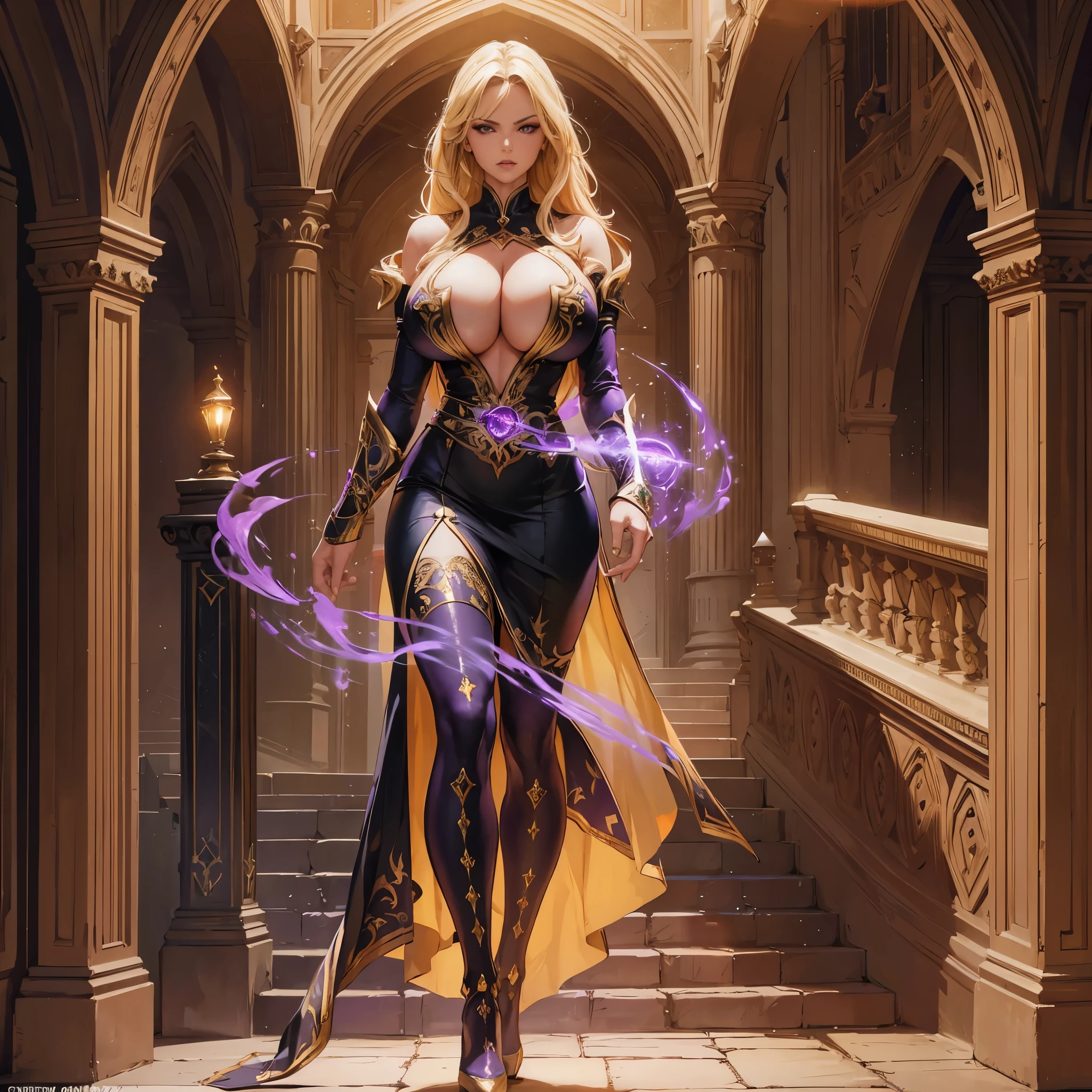 Full body portrait of one extremely beautiful blonde young woman, perfection, tall, huge breasts, impressive cleavage, powerful, determined, confident, powerful sorceress walking down stairs, charismatic badass, omnipotent, very sensual, very sexy, (wearing a sophisticated noble sexy black dress), in a medieval fantasy setting, rich magical academy hall, masterpiece, dynamic intense lighting, epic shot, highly detailed, eloquent shot, large shot, ((surrounded by purple magic intense energy)), high heels, naked thighs, short skirt, long sophisticated stockings, extremely powerful and intense, power fantasy, eloquent pose, dramatic pose, slim, fit, athletic