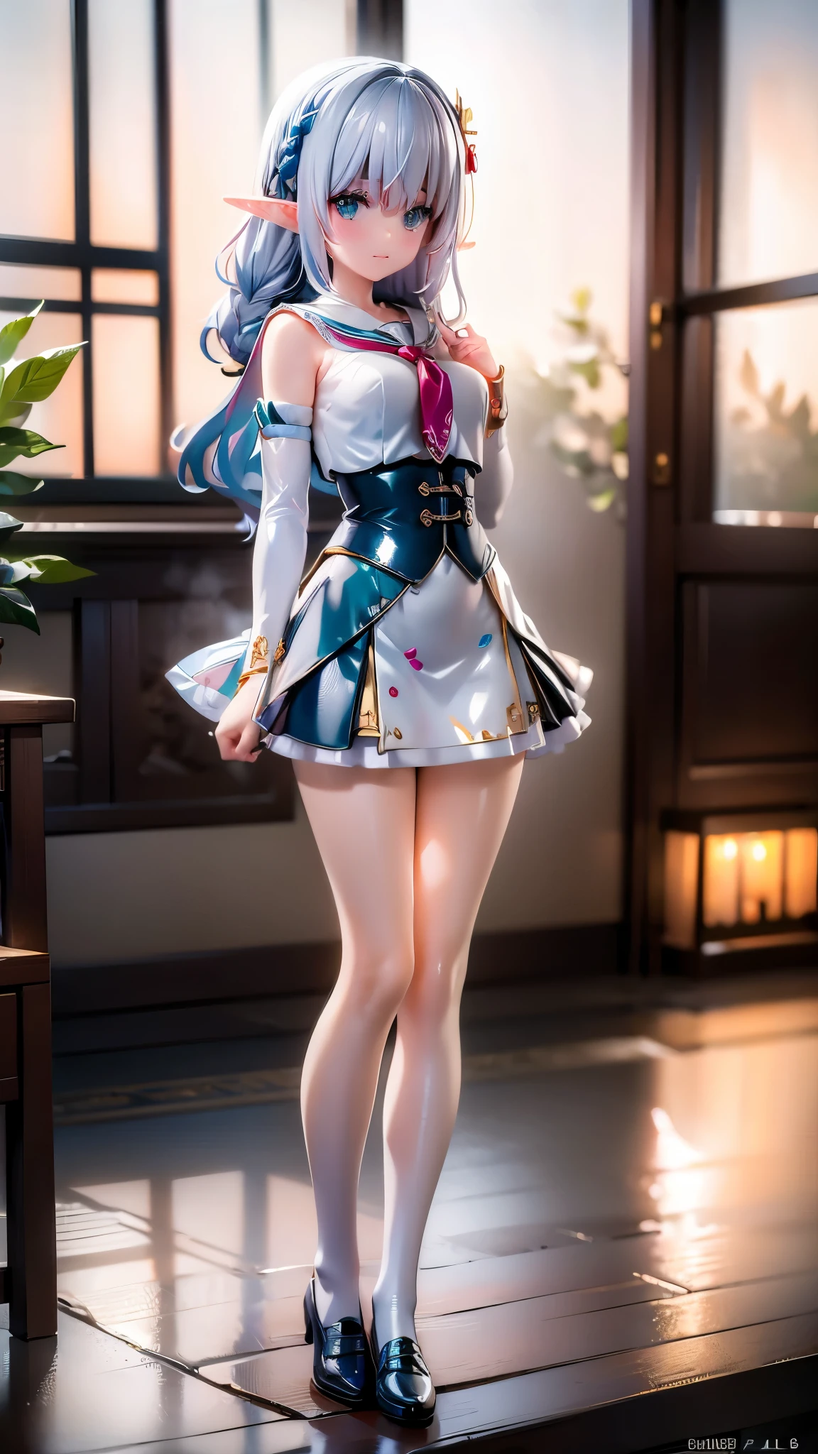 (best quality:1.2) (4k:1.) (highres:1.1) , (ultra detailed CG:1.1) ,
1girl elf , solo , (detailed face:1) , (silver wavy hair:1) , (small breasts:1) , holding heart chocolate , reaching , presenting heart package , (valentinesdaystyle:1) , (heart:1) , school uniform , sailor collar , long sleeves , scarf , (getabako:1) , (scenery:1) , (locker:1) , (school:1) , (tile floor:1) , (glass door:1) , embarrassed , upper body , 