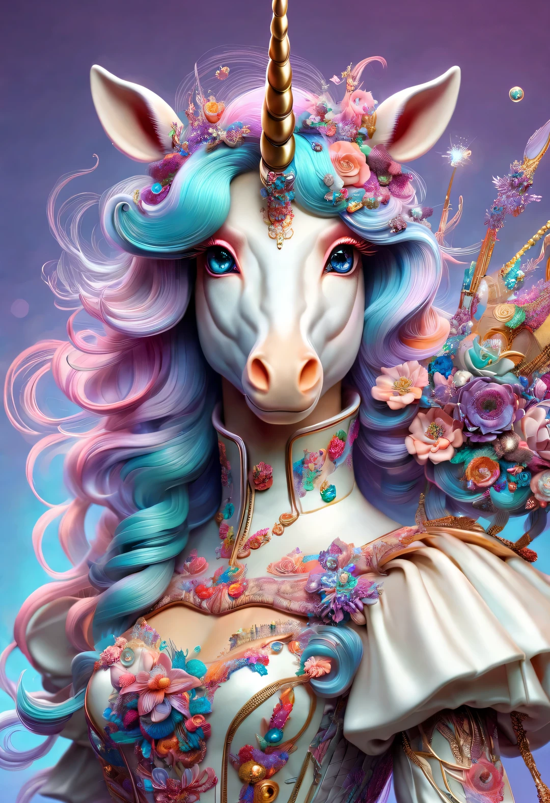 in style of Neo futurism, （An anthropomorphic Unicorn beast dressed in the elegant coiffure and pink clothing of an 18th-century French aristocrat），（Unicorn）portrait, beautiful detailed，