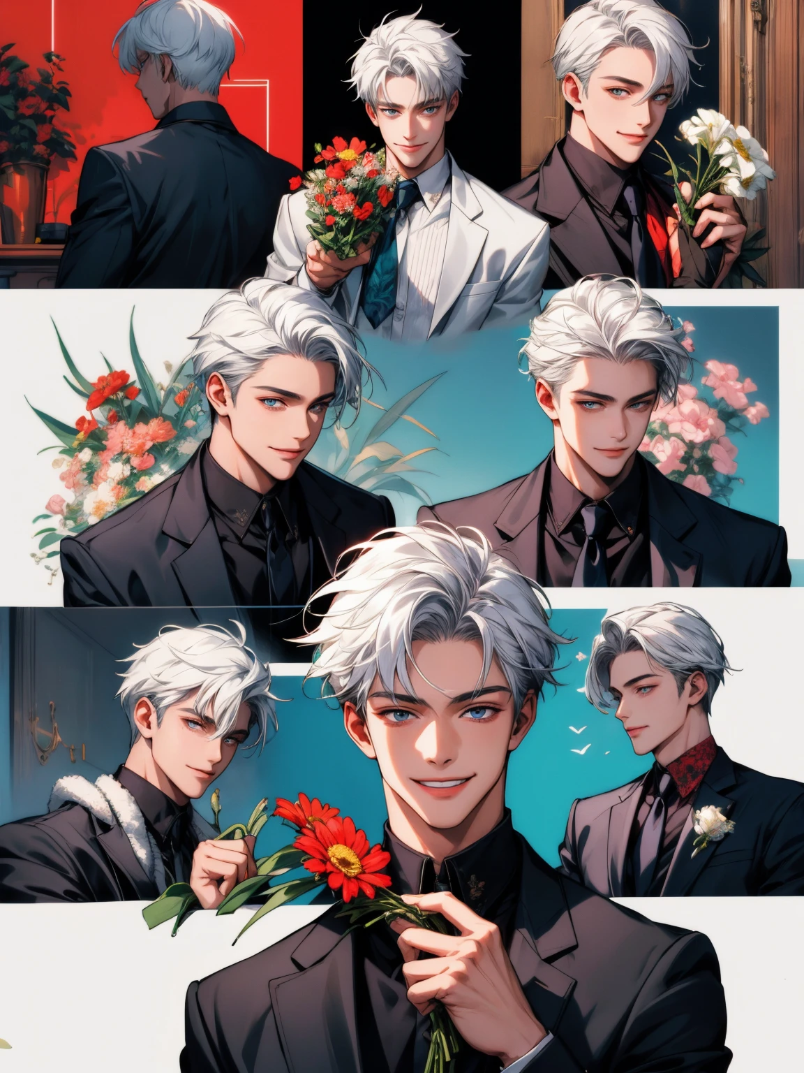 masterpiece, collage of teenage boy holding flowers, white hair, happy, smile