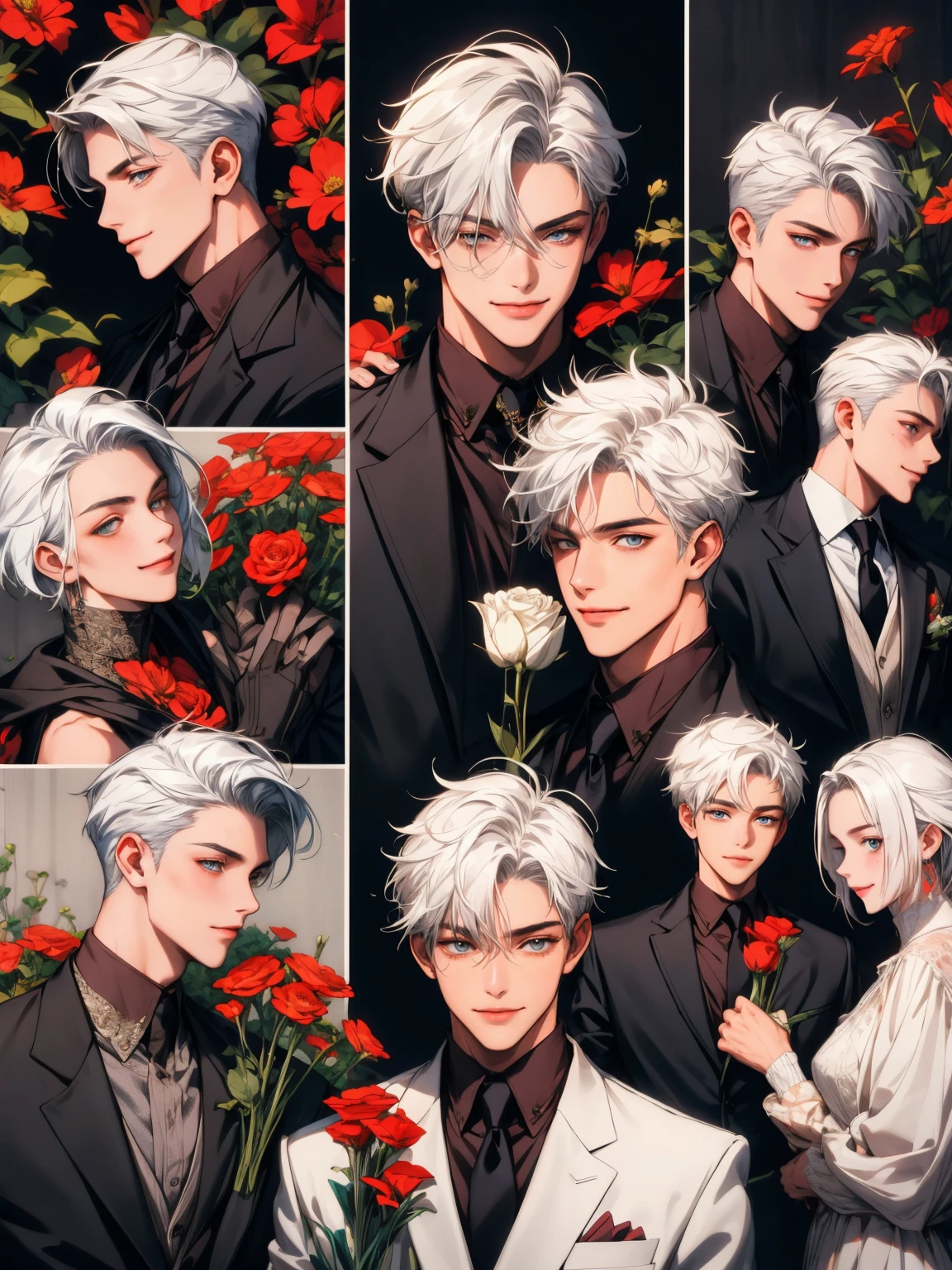 masterpiece, collage of  boy holding flowers,  white hair, happy, smile