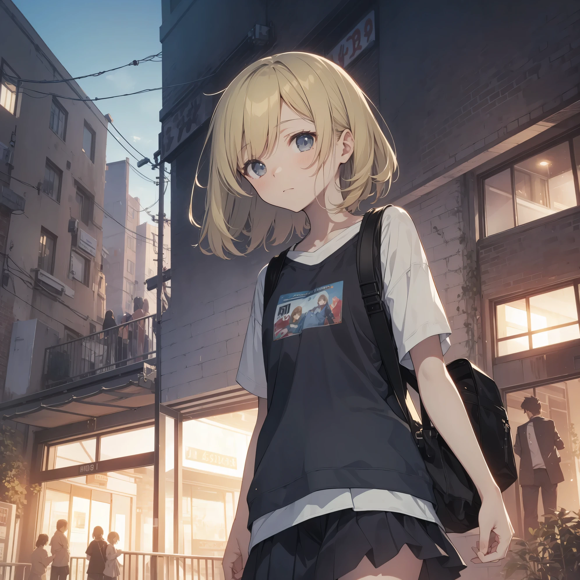 Super high quality by the art god, super detailed, High resolution, AI generated, anime moe art style, best anime 8K konachan wallpaper, pixiv contest winner, perfect anatomy, break,(眠そうにalone学校へ行く女の子を描いてください. ),break, 1 girl, (alone,lolita, , :1.3),All limbs, full finger,, androgynous charm, (very short hair), messy hair, flat chest, Because I'm slender, small ass, between legs, Small black eyes, beautiful and fine eyes, Well-proportioned iris and pupils, expressive eyes,disgusted eyes, High resolutionの詳細な髪, wearing school uniform, (skirt),(detailed lighting), (detailed background), On the way to school. break,super dense skin, Best lighting by famous artists, 8K, figure,UHD, rough skin