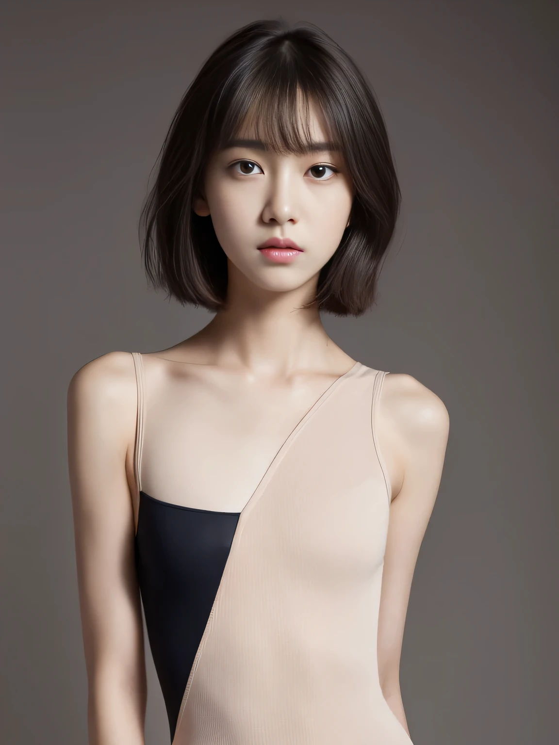 High resolution、Fashion Model、droopy eyes。short hair、slender body、high nose、sad expression、、wearing a leotard、Clean and clean look、no makeup、Intelligent girl