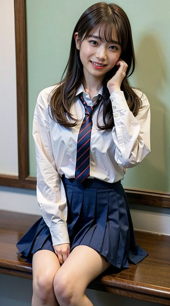 (8K、RAW photo、highest quality、masterpiece:1.2)、(realistic、Photoreal)、40 years、1 girl、I have a mole next to my eye、((White shirt with long sleeves、sailor suit、red tie、Below-the-knee length navy pleated skirt))、（high school girl）、The skirt is rolled up、gal、lots of eyelashes、glitter on eyelids、Dark Red Knee-High Socks、Skeletally correct、thighs open、wavy twintails、cute smile、sweaty body、attractive body beautiful perfect body、V-line emphasis、put your hands behind your head、Beautifully aligned fingertips、