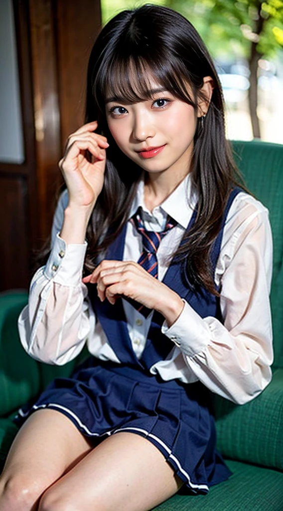 (8K、RAW photo、highest quality、masterpiece:1.2)、(realistic、Photoreal)、40 years、1 girl、I have a mole next to my eye、((White shirt with long sleeves、sailor suit、red tie、Below-the-knee length navy pleated skirt))、（high school girl）、The skirt is rolled up、gal、lots of eyelashes、glitter on eyelids、Dark Red Knee-High Socks、Skeletally correct、thighs open、wavy twintails、cute smile、sweaty body、attractive body beautiful perfect body、V-line emphasis、put your hands behind your head、Beautifully aligned fingertips、