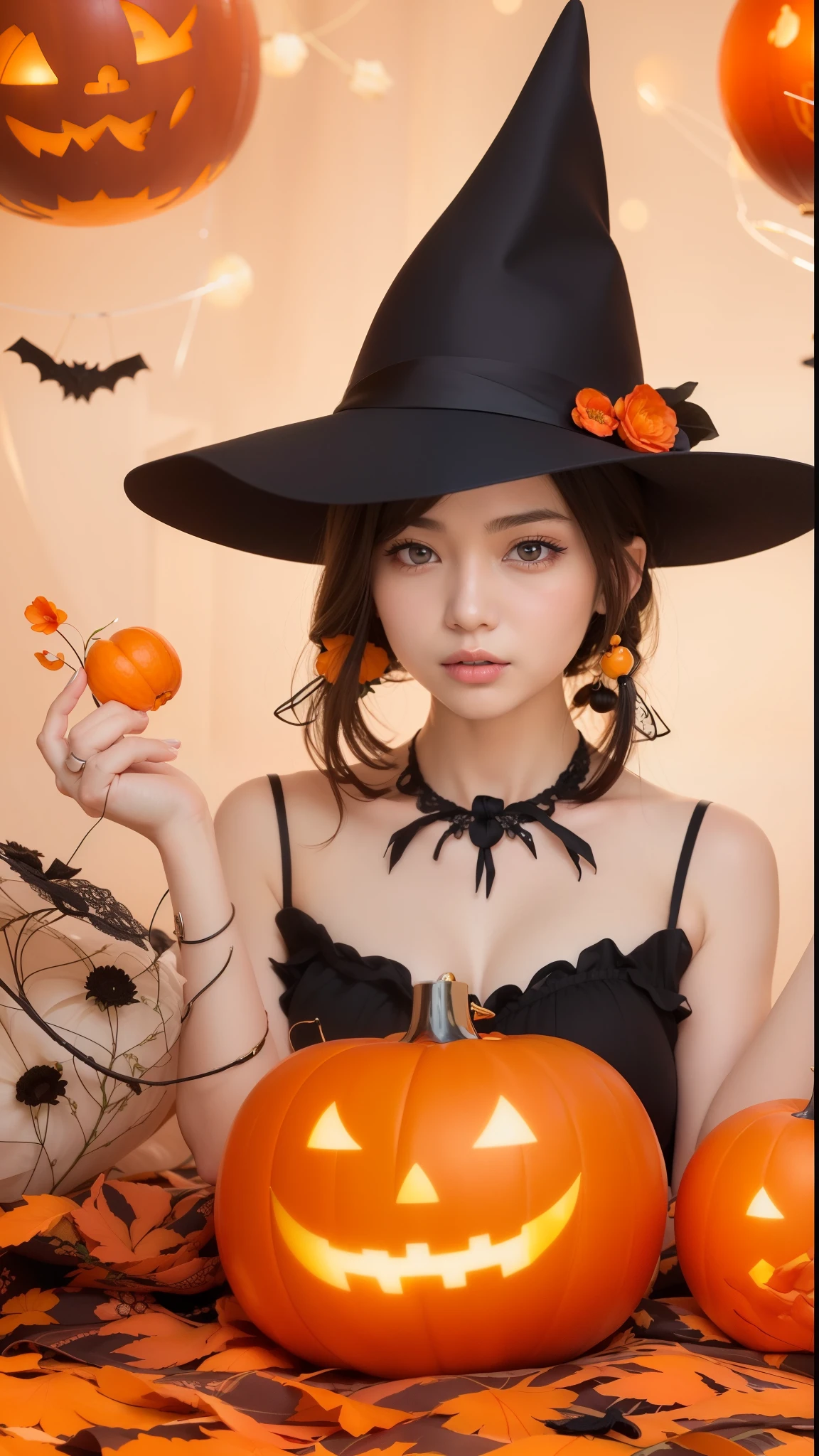 Eri Kamei from Morning Musume, Decorated with a Halloween ensemble that perfectly complements her beauty and sensual figure. The image is、It must be proof of the fusion of AI and art, Catch her in moments of playful mischief and charm. The backdrop should be minimalistic, Make sure she is focused. Emphasis must be placed on realistic realism, The colors of the costume are popping out on a calm background. Photos must be taken with a high-resolution 16k camera, Ensure Ultra HD clarity. The lens you choose should be 85mm, Ensure soft bokeh effect in the background, Elipin has a sharp focus. the setting must be f/8, ISO 100, Shutter speed 1 o'clock/125. --ar 16:9 - V5.1 --Style raw --Q 2 --S 750