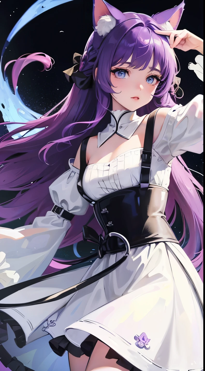 young girl, long purple hair, cat ears, cat tail, blue eyes, White luxury dress, masterpiece, high quality