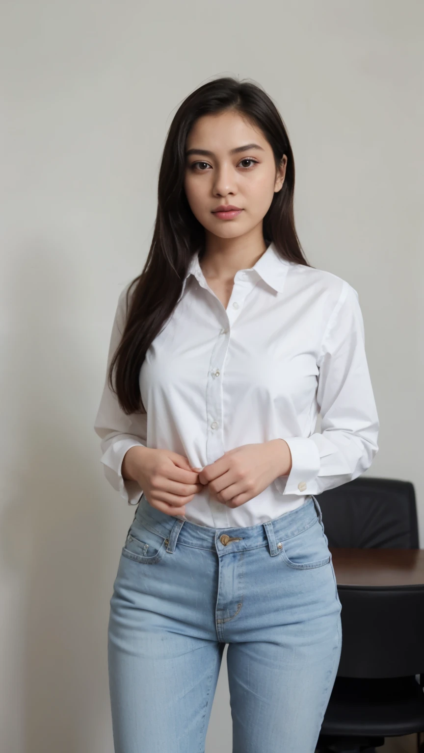 Zahra Ayu 23 years old 160cm 55kg wearing white button shirt, blue jeans, medium hair. Bright face. Office suit. Closed mouth.