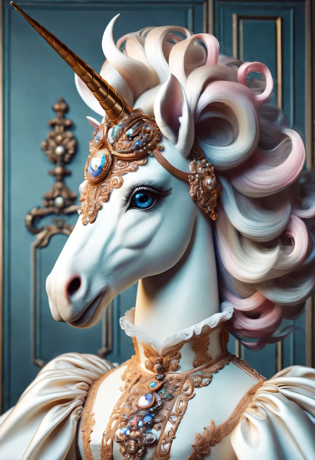 neofuturistic style, （Anthropomorphic unicorns，Dressed in the elegant hairstyle and white clothing of an 18th century French aristocrat），portrait, Beautiful detailed，