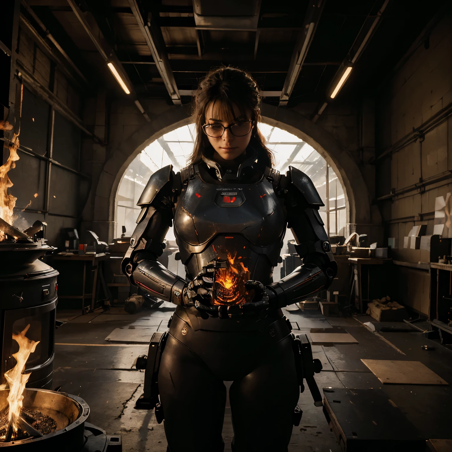 Absurd resolution, high resolution, (masterpiece: 1.4), hyper-detail, a mech, black armor, large warehouse, open eyes, red glasses, facing the lens, fire, body power stove heat, robotic arm with flames and white smoke on its hands