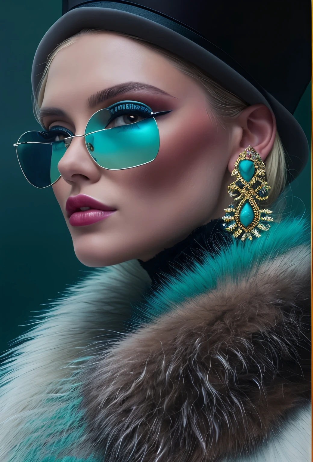 a close up of a woman wearing a Turquoise hat and earrings, sleek dark fur, Turquoise fur, Russian style, very beautiful fur, fine fur, Dasha Taran, dark fur, Fur details, top hat, Anastasia Ovchinnikova, Turquoise hat, synthetic fur, Elena Belova, wearing a top hat, Julia Gorokhova