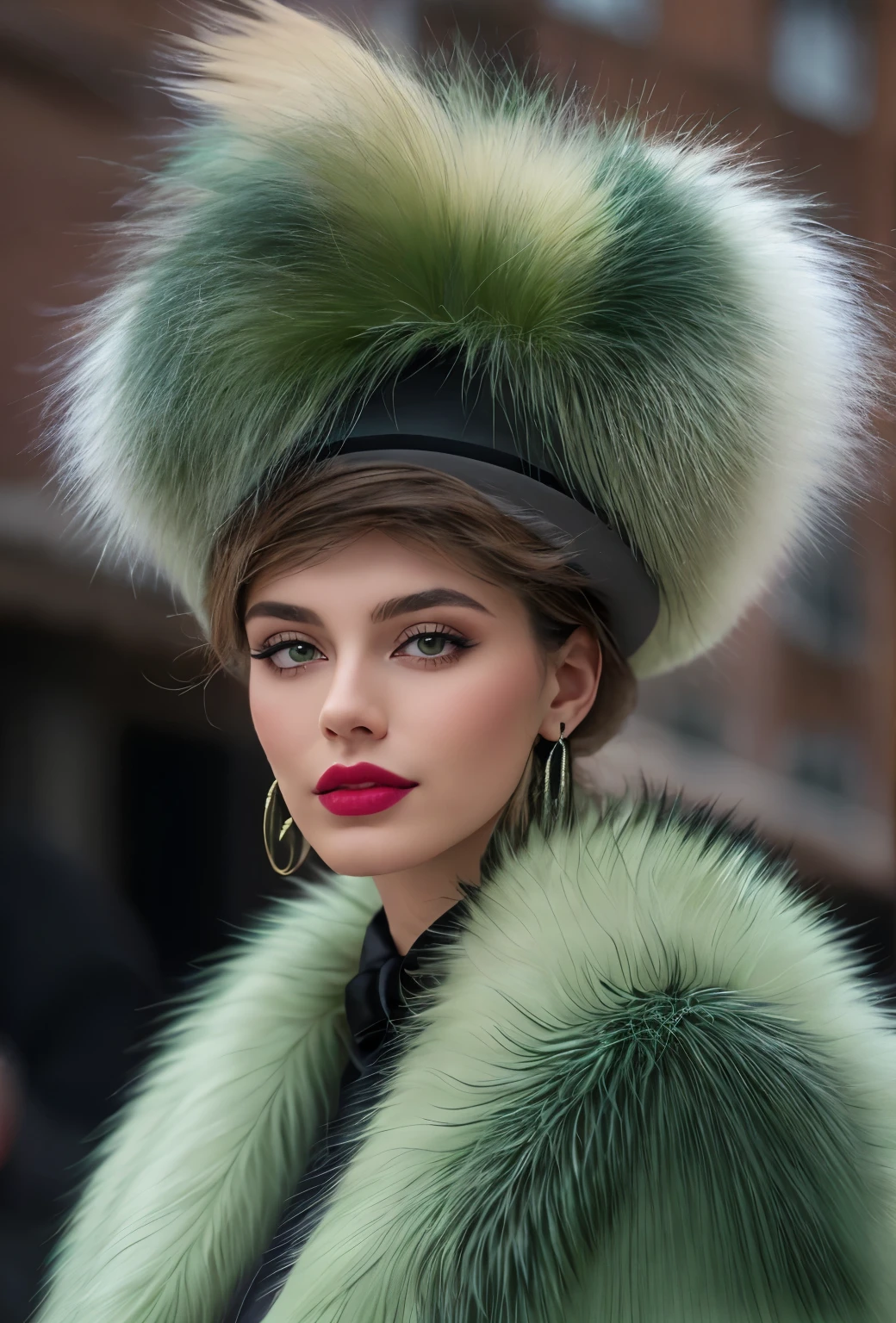 a close up of a woman wearing a Light Green hat and earrings, sleek dark fur, Light Green Fur, Russian style, very beautiful fur, fine fur, Dasha Taran, dark fur, Fur details, top hat, Anastasia Ovchinnikova, Light Green hat, synthetic fur, Elena Belova, wearing a top hat, Julia Gorokhova