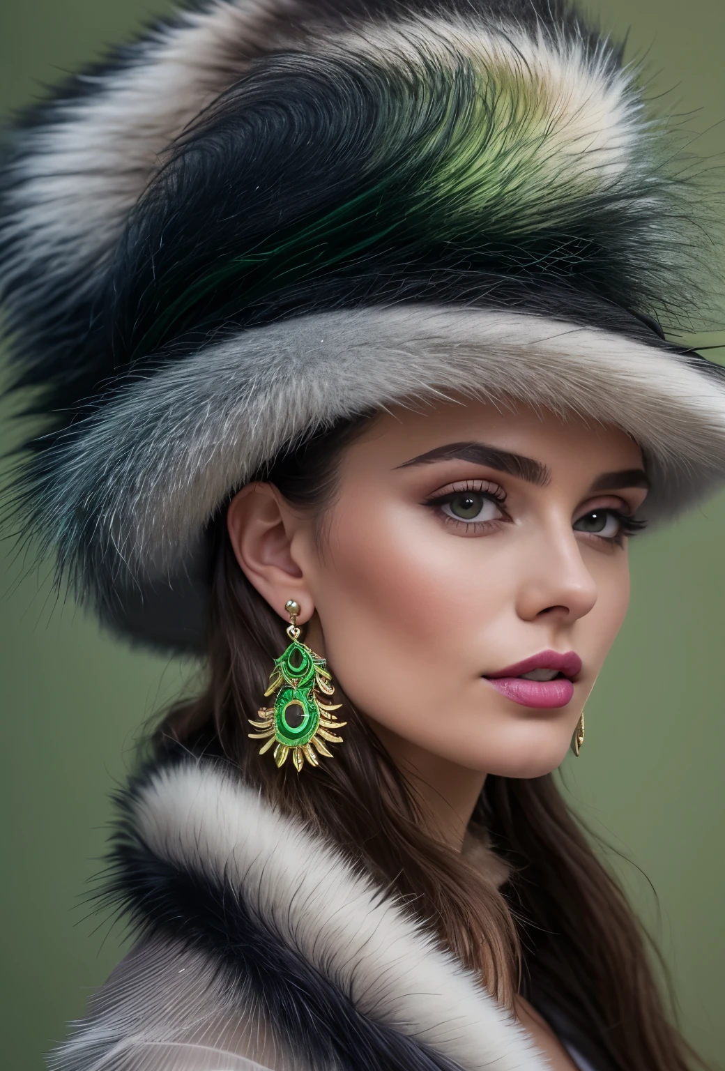 a close up of a woman wearing a Light Green hat and earrings, sleek dark fur, Light Green Fur, Russian style, very beautiful fur, fine fur, Dasha Taran, dark fur, Fur details, top hat, Anastasia Ovchinnikova, Light Green hat, synthetic fur, Elena Belova, wearing a top hat, Julia Gorokhova