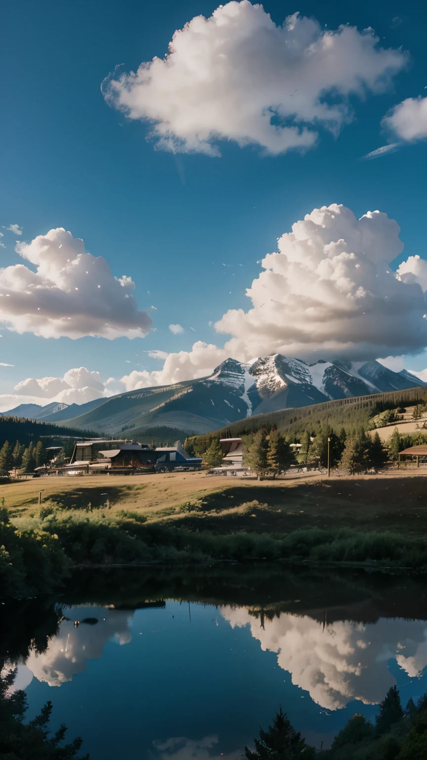 A mountain view with tall trees cloudy sky. Anime alchemy style 