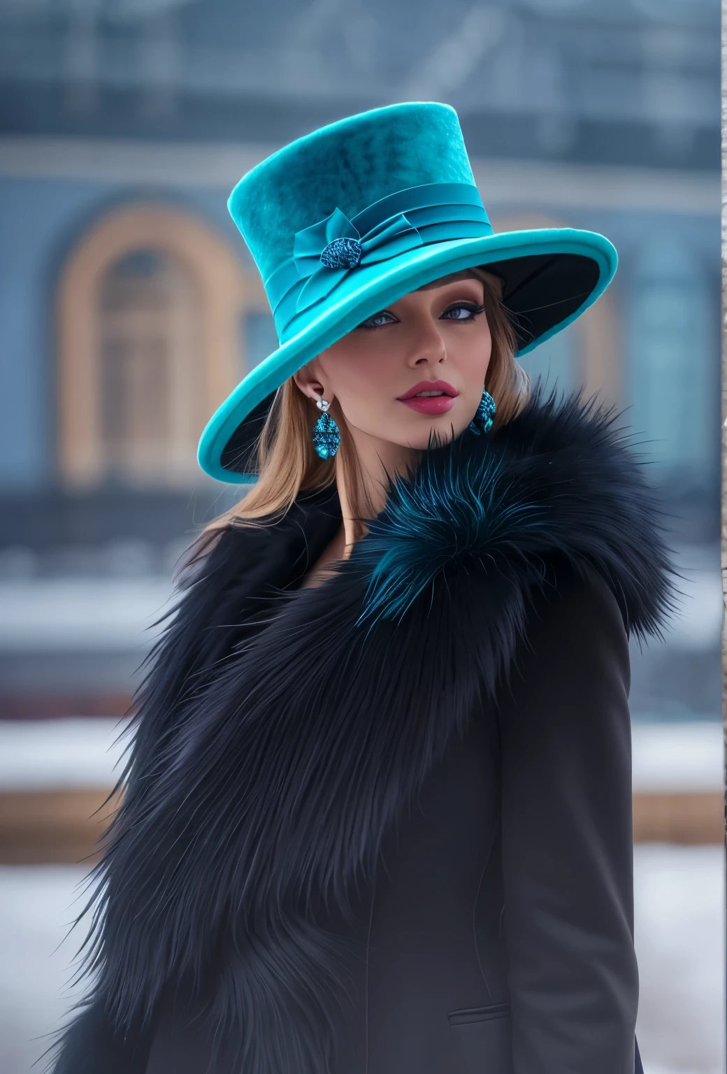 a close up of a woman wearing a Turquoise hat and earrings, sleek dark fur, Turquoise fur, Russian style, very beautiful fur, fine fur, Dasha Taran, dark fur, Fur details, top hat, Anastasia Ovchinnikova, Turquoise hat, synthetic fur, Elena Belova, wearing a top hat, Julia Gorokhova