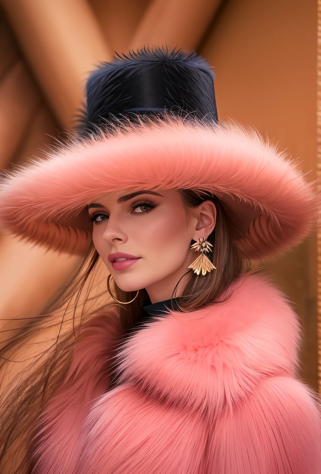 a close up of a woman wearing a Salmon Pink hat and earrings, sleek dark fur, Salmon Pink Fur, Russian style, very beautiful fur, fine fur, Dasha Taran, dark fur, Fur details, top hat, Anastasia Ovchinnikova, Salmon Pink hat, synthetic fur, Elena Belova, wearing a top hat, Julia Gorokhova