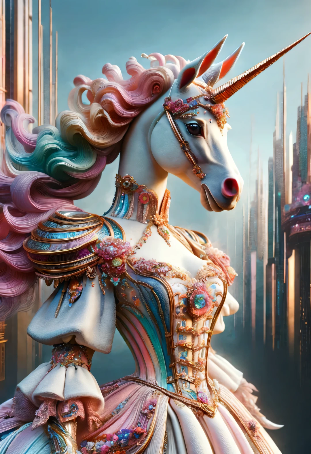 in style of Neo futurism, （An anthropomorphic Unicorn beast dressed in the elegant coiffure and pink clothing of an 18th-century French aristocrat），（Unicorn）portrait, beautiful detailed，