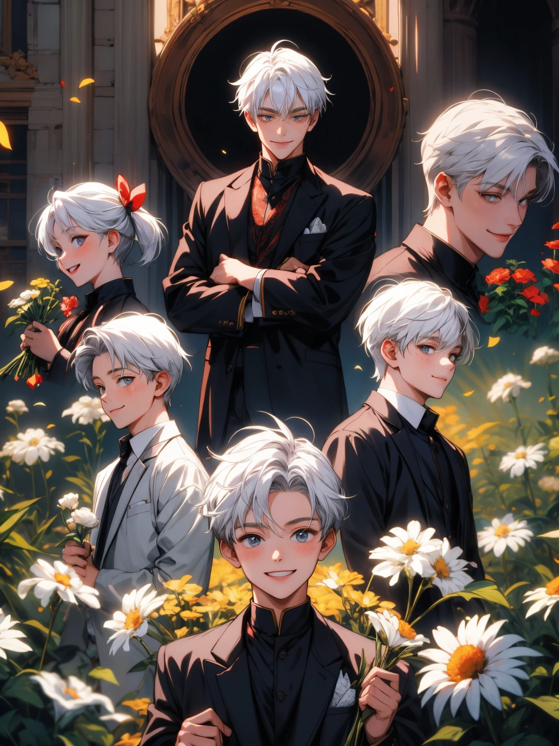 masterpiece, collage of ********** holding flowers,  white hair, happy, smile