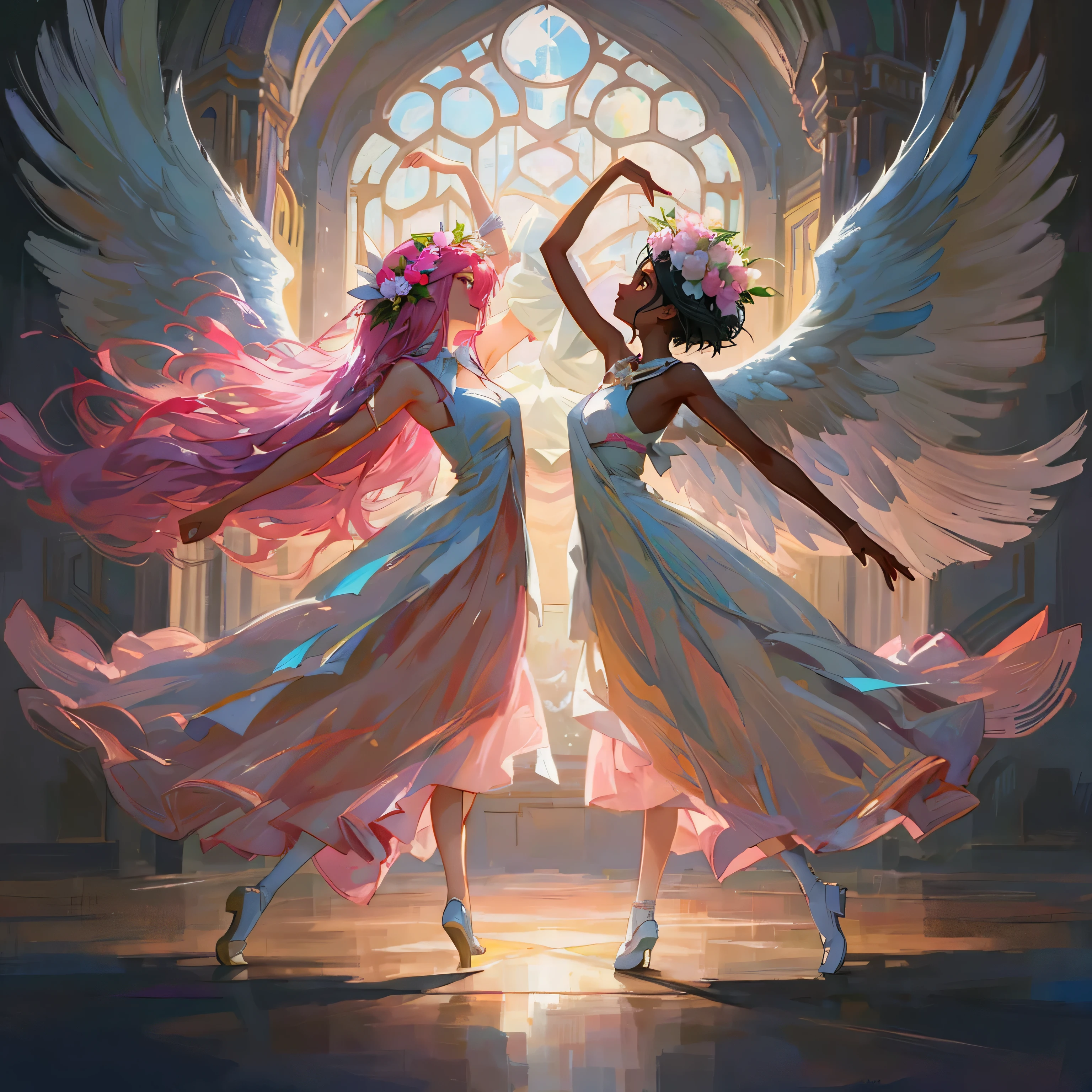 Painting of two women in white dresses with pink and white wings, by Cynthia Sheppard, Wallop and Lost Run, inspired by Cynthia Sheppard, Graceful wings, wlop and andrei riabovitchev, lost run 8k, Los Tran and Wallop, loish and ross tran, By Los Tran, 2 angels, Rob Ray, beautiful digital artwork